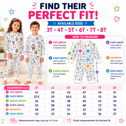 Color Moon size guide, sizes 3T to 8T, garment measurements in centimeters